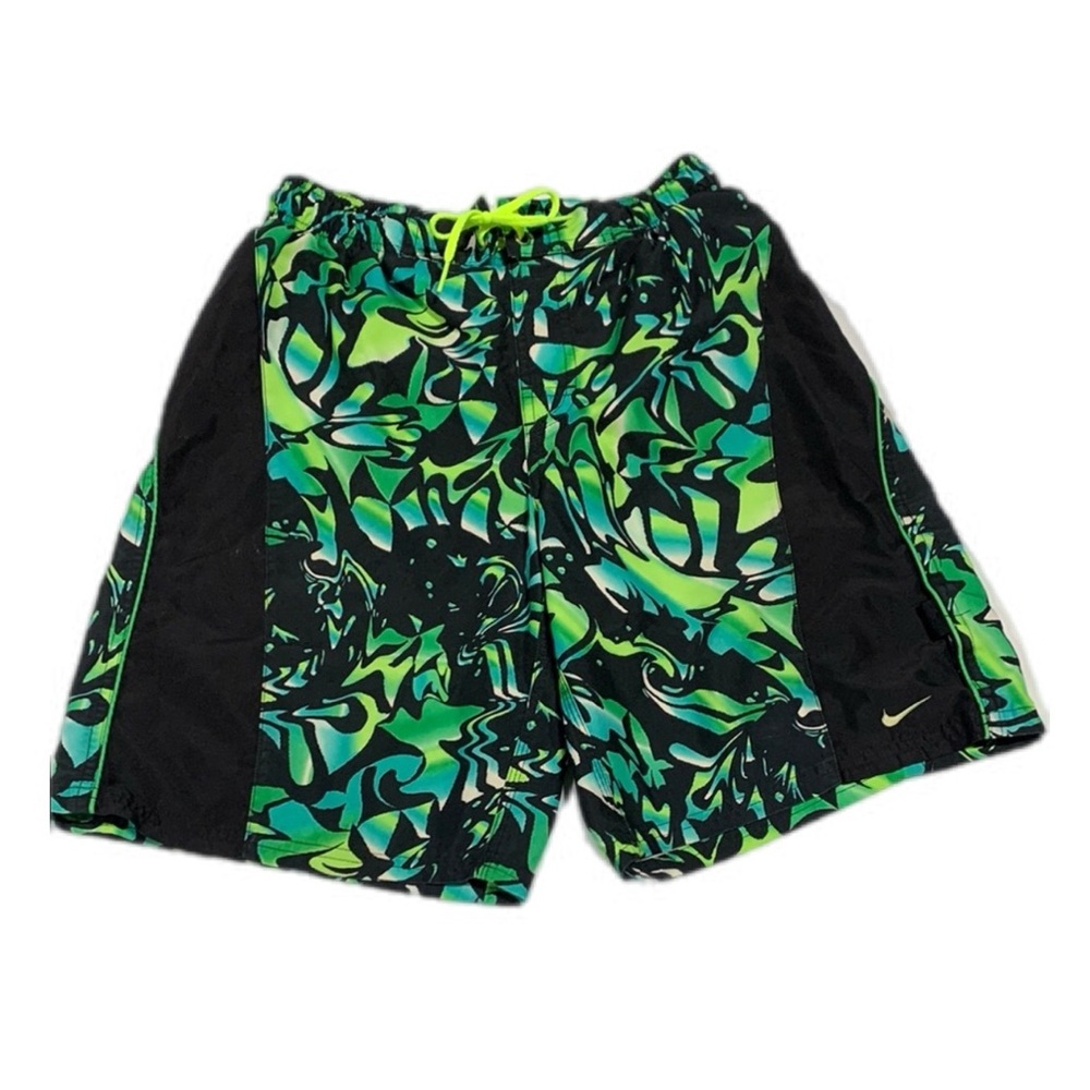 Nike Green and Black Swim Board Shorts with Dynamic Pattern - Boys‎ Large - 4202